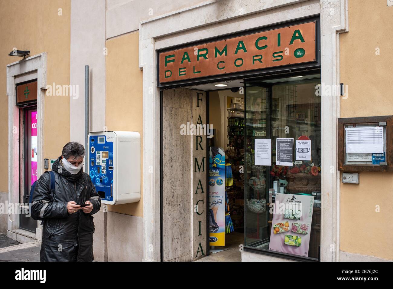Pharmacies are among the few stores that continue to remain open during the Coronavirus epidemic that has severely affected Italy. Stock Photo
