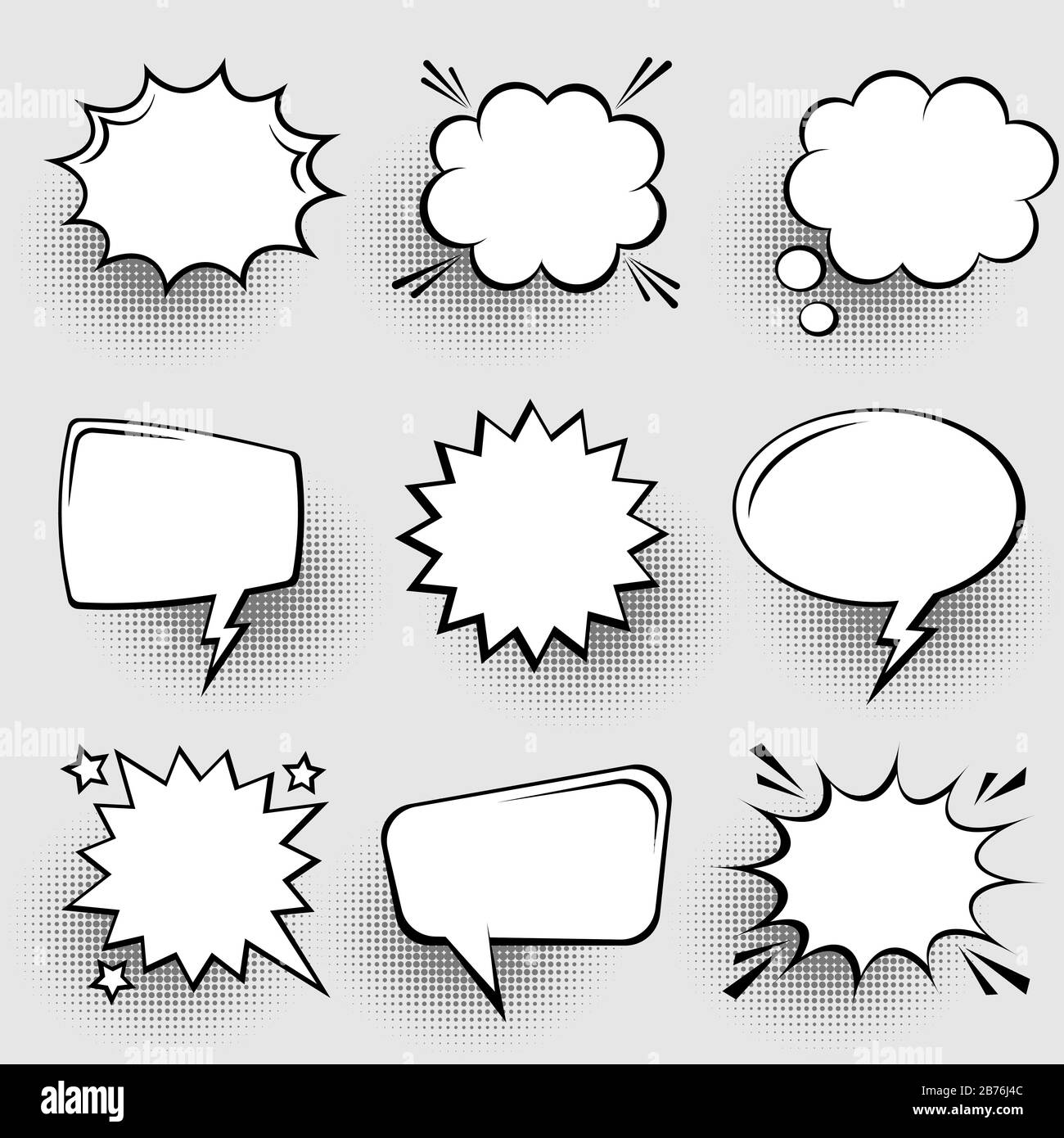 Collection of empty comic speech bubbles with halftone shadows. Hand ...