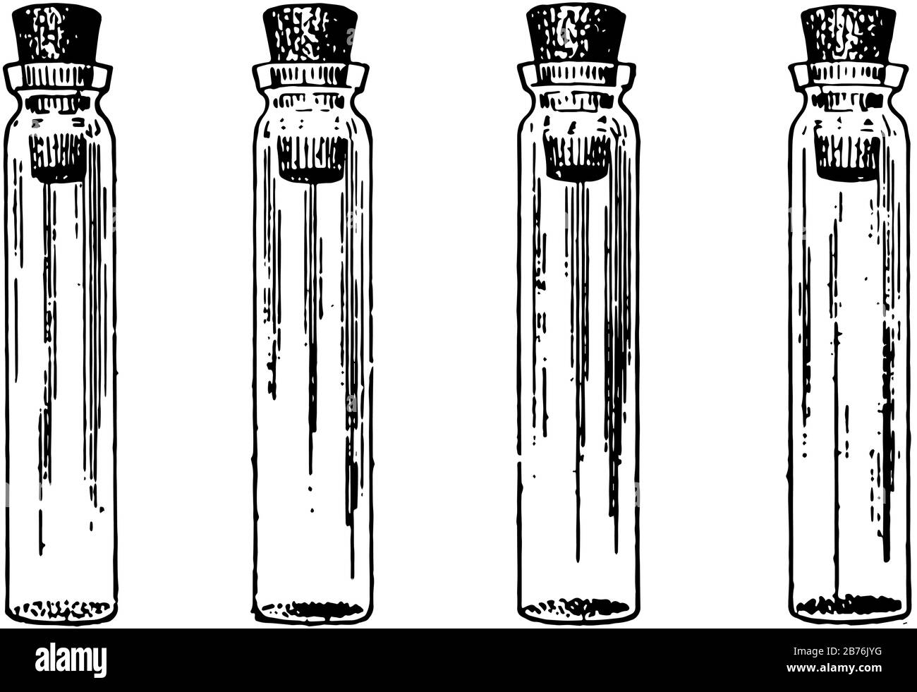 An empty vial with a cork stopper, vintage line drawing or engraving