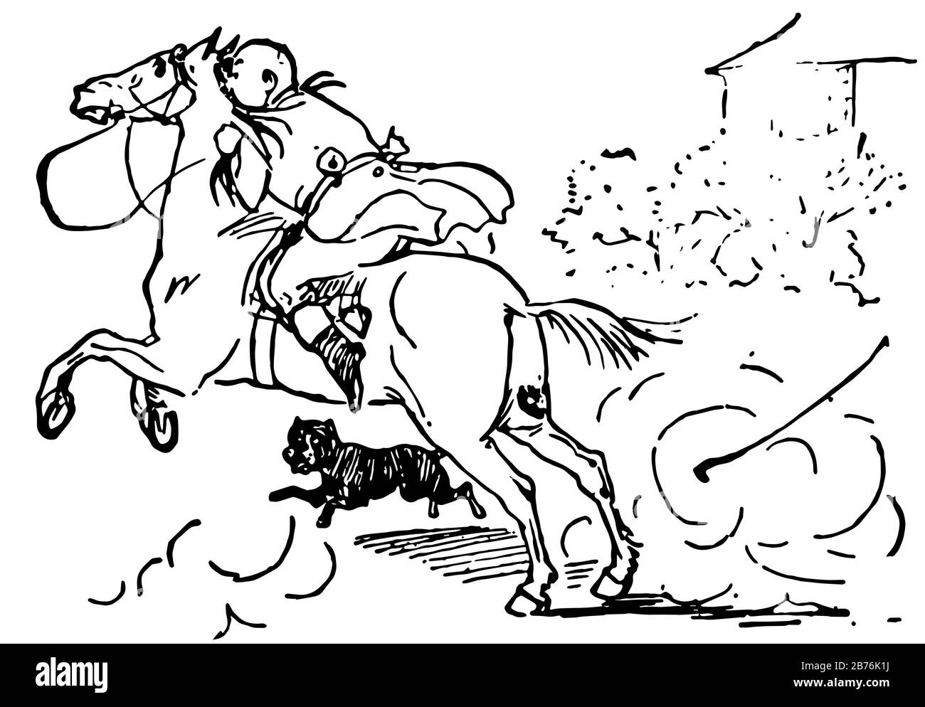 John Gilpin, this scene shows a man riding on horse and dog is running, vintage line drawing or engraving illustration Stock Vector