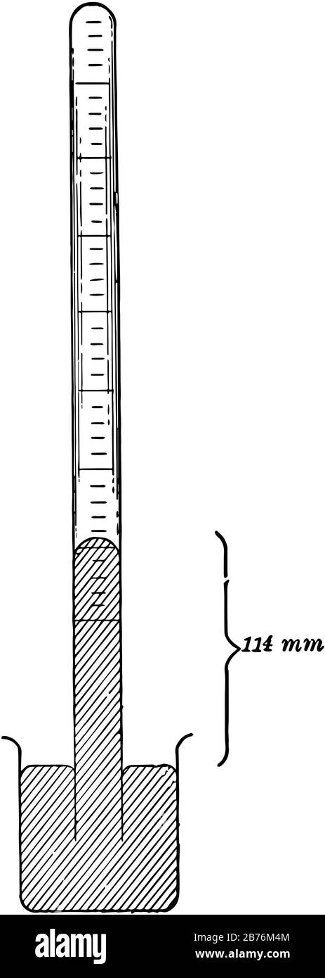 Illustration of a tube inverted over mercury with the mercury rising inside the test tube 114 millimeters above the level of the mercury in the beaker Stock Vector