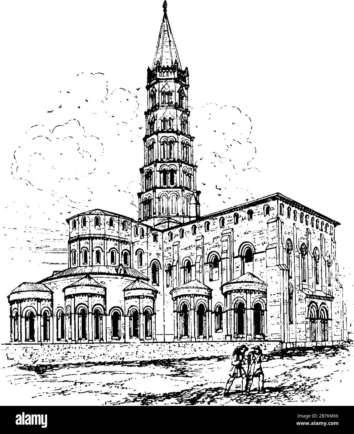 St. Saturnin,  at Toulouse,  the former abbey church, Good availability and great rates,  styled the first Bishop of Tolosa, vintage line drawing or e Stock Vector