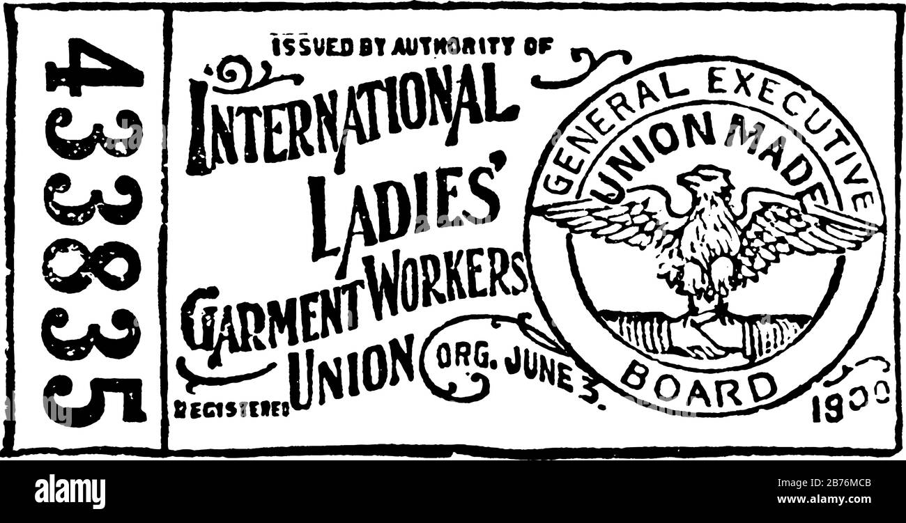 This illustration represents Union label which is the International Ladies Garment Workers Union, vintage line drawing or engraving illustration. Stock Vector