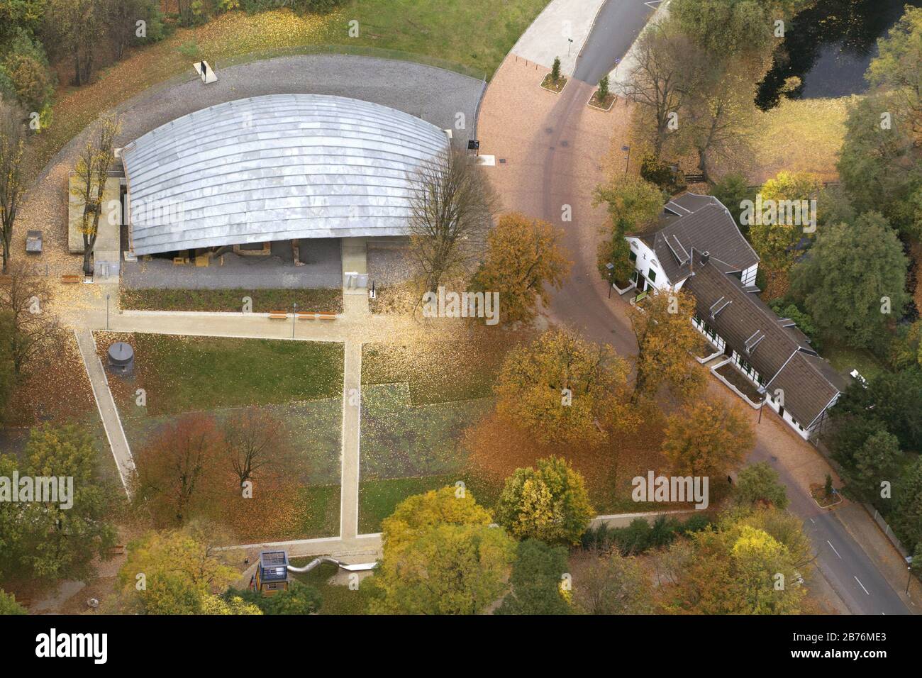 , roof over the arceological excavations at St. Antony-Huette, 26.10.2012, aerial view, Germany, North Rhine-Westphalia, Ruhr Area, Oberhausen Stock Photo
