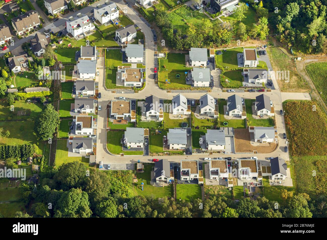 , newly built single family house settlement at the Tellmannstrasse in the district Heven, 12.09.2012, aerial view, Germany, North Rhine-Westphalia, Ruhr Area, Witten Stock Photo