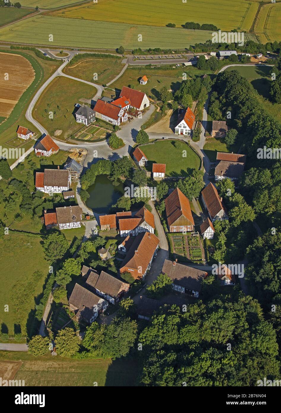 , LWL open-air museum in Detmold, Paderborner Dorf, 27.06.2011, aerial view, North Rhine-Westphalia, Ruhr Area, Dorsten, Detmold Stock Photo