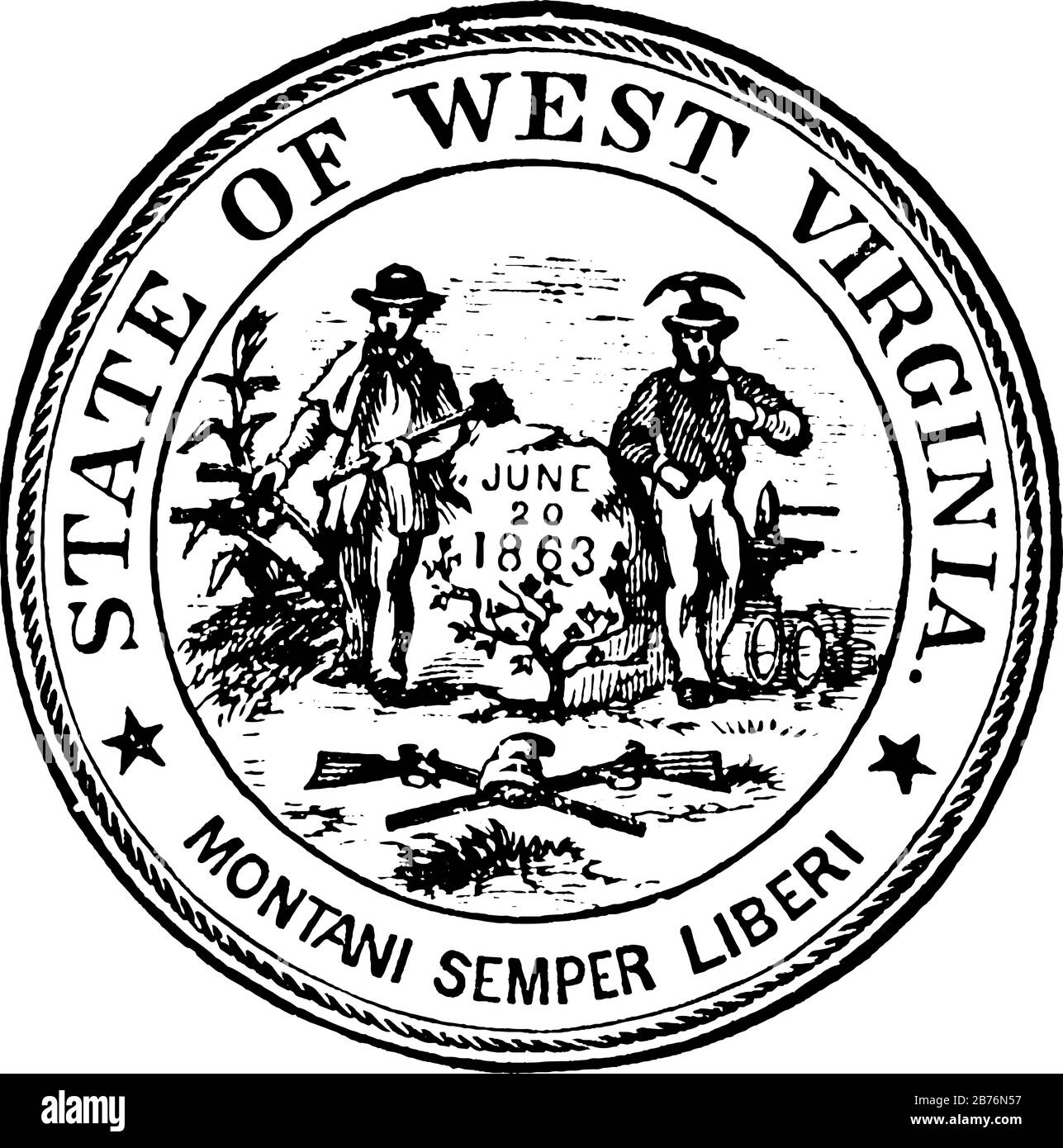 Seal of the state of West Virginia, 1904, this seal has  guns & cornstalk, two men standing on either side of rock inscribed with date JUNE  20 1863, Stock Vector