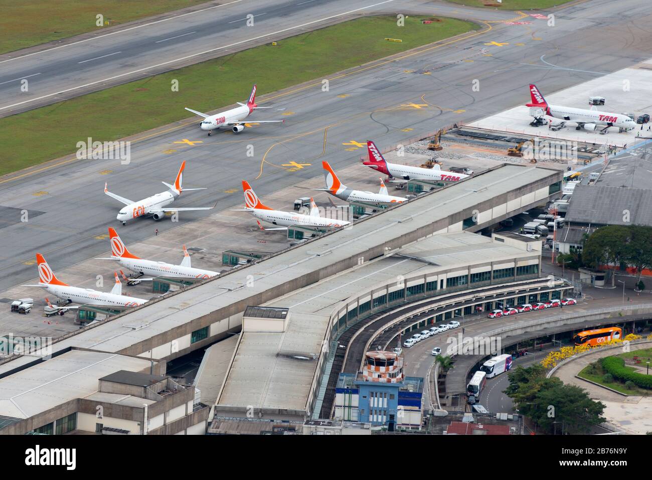 Aerial overview of Congonhas Airport (CGH / SBSP) in Sao Paulo, Brazil administered by INFRAERO. Busy airport terminal used for domestic flights. Stock Photo