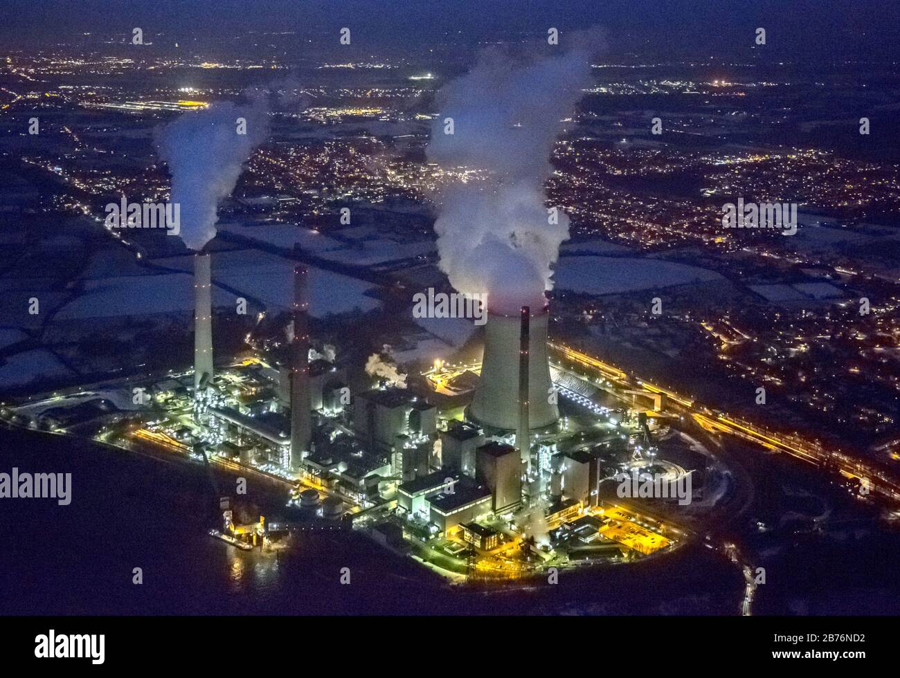 , coal-fired power plant in Voerde, 13.12.2012, aerial view, Germany, North Rhine-Westphalia, Ruhr Area, Voerde Stock Photo
