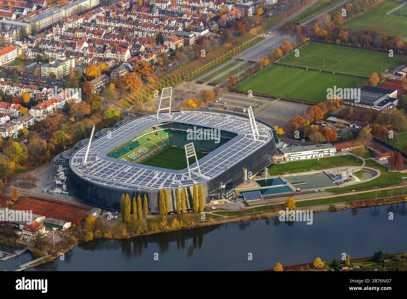 Weser Stadium in Bremen at river Weser, the stadium of the Bundesliga club Werder Bremen, aerial view, Germany, Bremen Stock Photo