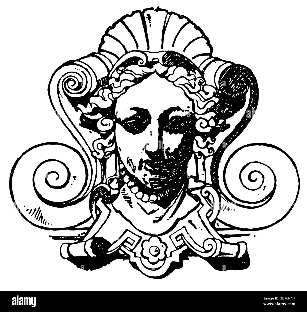 French Theatre Mask are de Bellecour, vintage line drawing or engraving