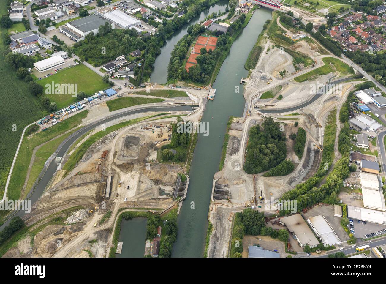 Emscher passing under the Rhein-Herne canal in Castrop-Rauxel, 12.03.2012, aerial view, Germany, North Rhine-Westphalia, Ruhr Area, Castrop-Rauxel Stock Photo