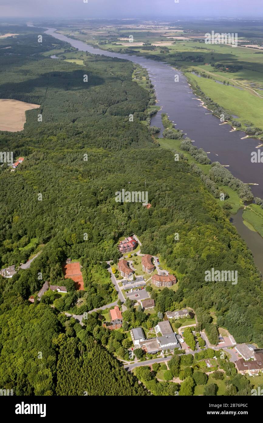 hotels over Hitzacker at Elbe river, 08.08.2012, aerial view, Germany, Lower Saxony, Hitzacker Stock Photo