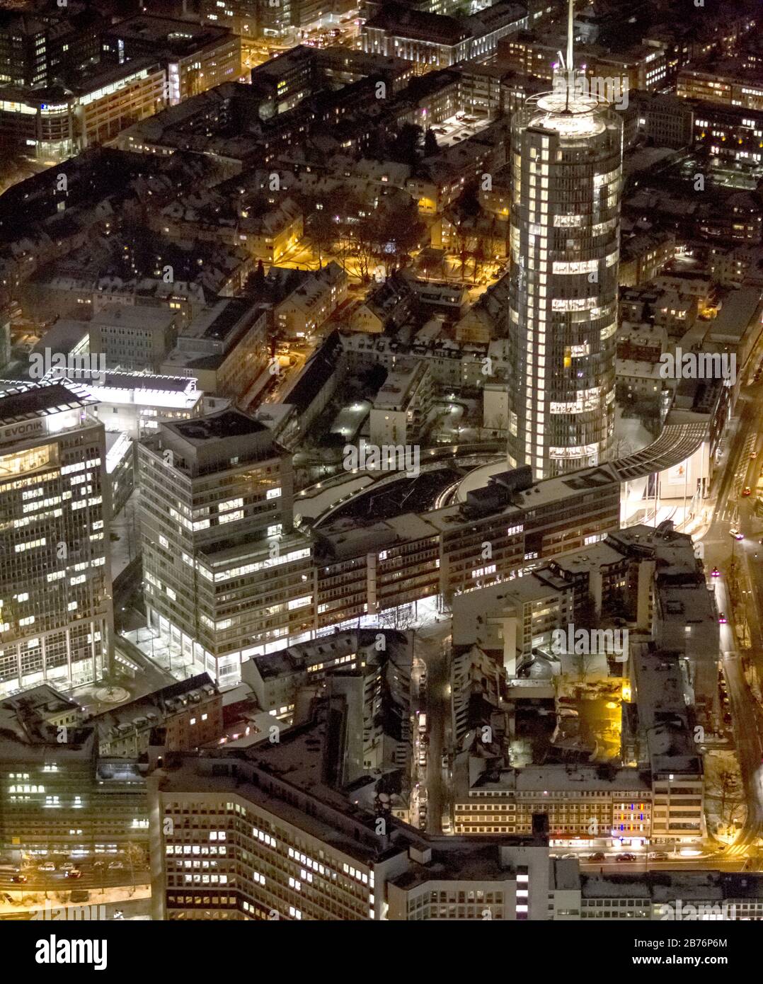 , RWE headquarters in Essen at night, 13.12.2012, aerial view, Germany, North Rhine-Westphalia, Ruhr Area, Essen Stock Photo