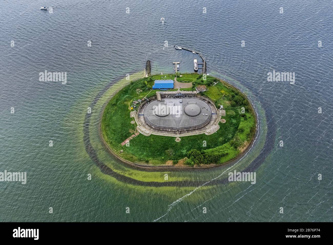 , artificial island Pampus in the IJmeer with Fort Pampus, 09.05.2013, aerial view, Netherlands, Northern Netherlands, Pampus Stock Photo