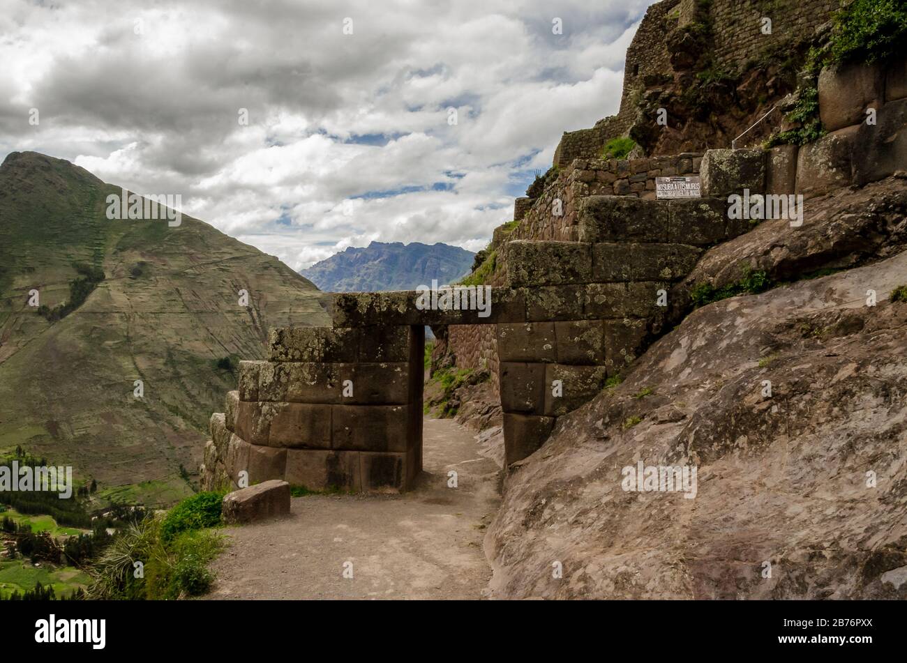 Ancient stone door Inca civilization in Pisac, Peru Stock Photo