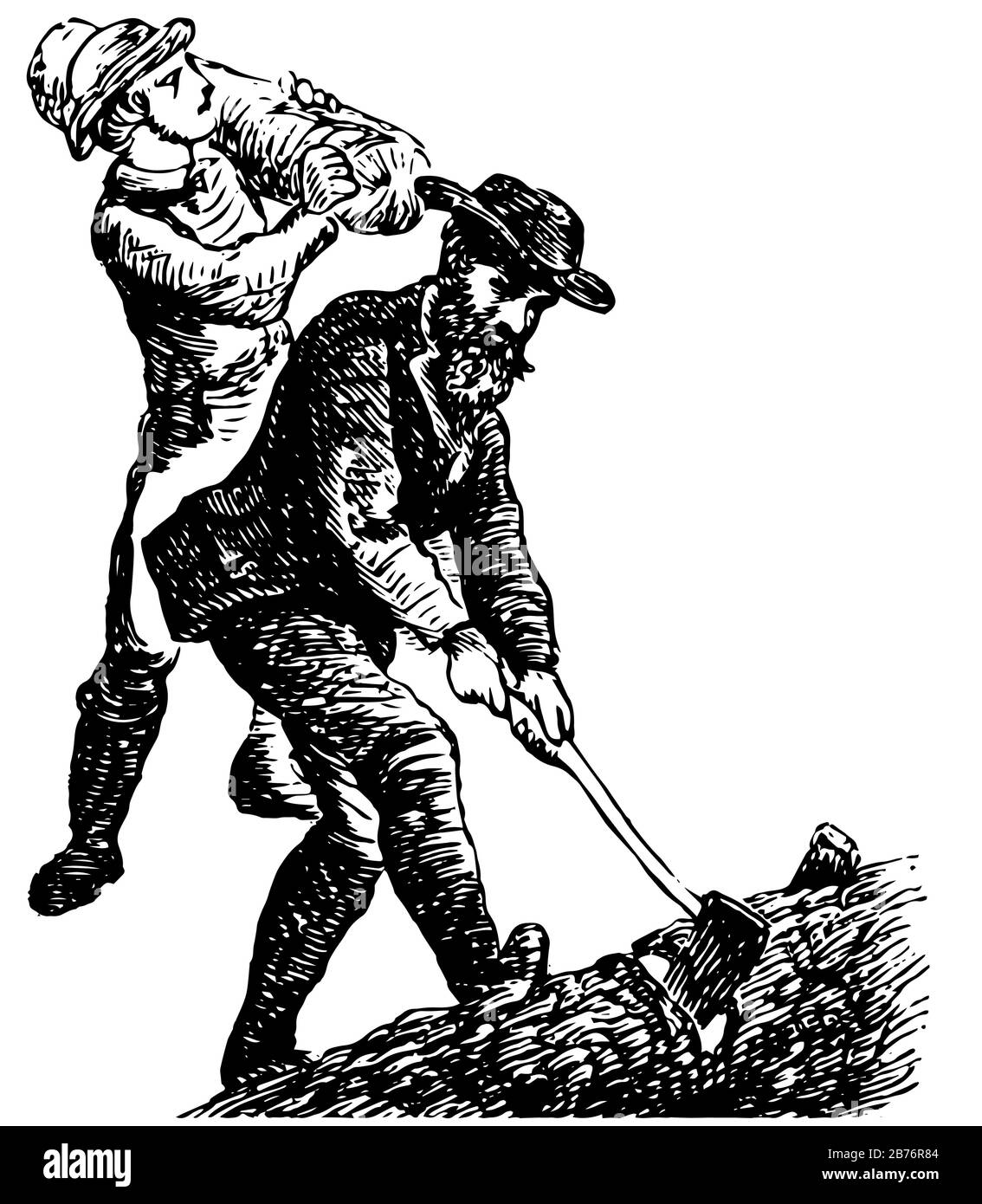 This illustration represents Lumberjacks who fells trees, vintage line drawing or engraving illustration. Stock Vector
