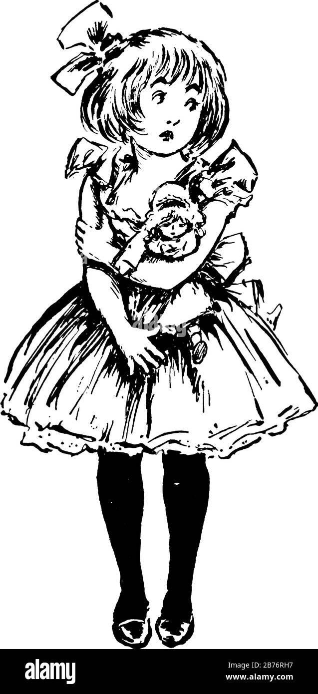The Picture Depicts A Girl Wearing A Frock And A Bow In Her Head Looking Sad Or Shy While Holding Her Doll Around Her Arms Vintage Line Drawing Or Stock Vector Image The Picture Depicts A Girl Wearing A Frock And A Bow In Her Head Looking Sad Or Shy While Holding Her Doll Around Her Arms Vintage Line Drawing Or Stock Vector Image