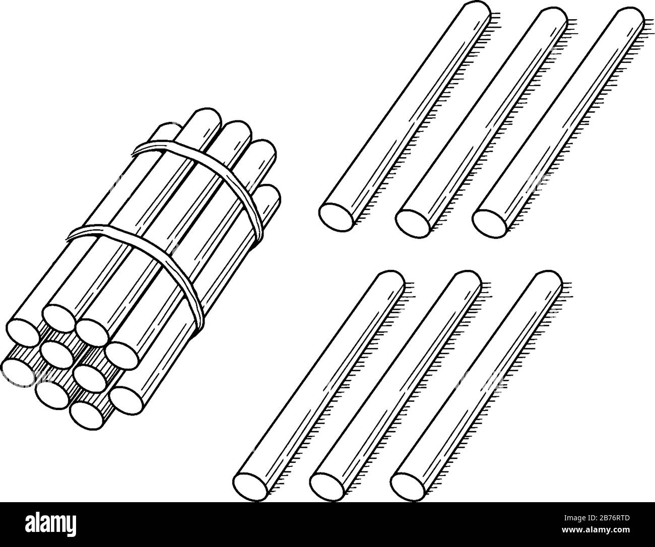 A typical representation of a bundle of 16 sticks bundled in tens that can be used when teaching counting, grouping, and place value, vintage line dra Stock Vector