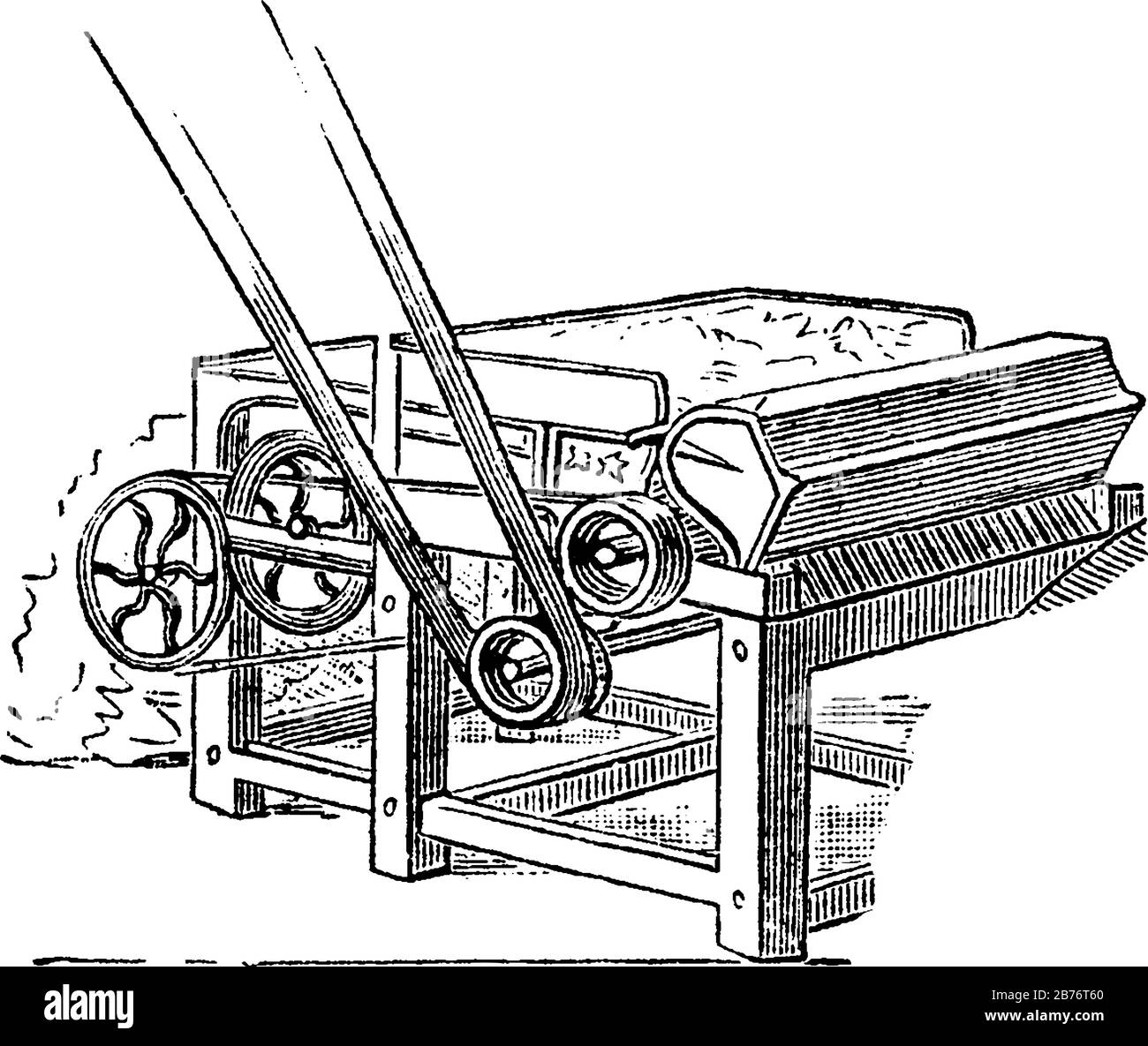 The cotton engine or cotton gin, that is used to separate the cotton fibers from the seedpods, vintage line drawing or engraving illustration. Stock Vector