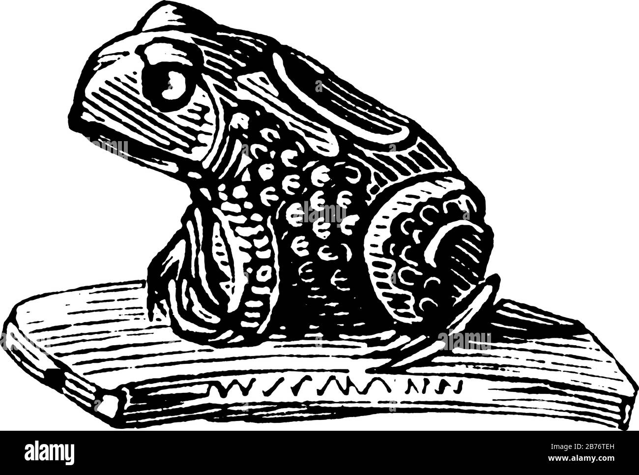 A stone pipe bowl depicting a frog made by Native Americans. Showing a frog in three different size of images in it, vintage line drawing or engraving Stock Vector