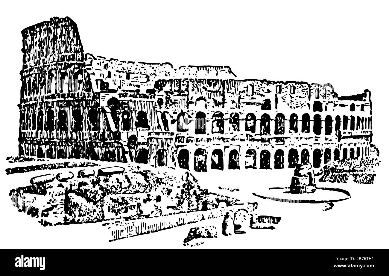 Colosseum at Rome, the greatest of Roman ampitheatres,  masculine noun coliseus,  the Flavian amphitheatre, vintage line drawing or engraving illustra Stock Vector