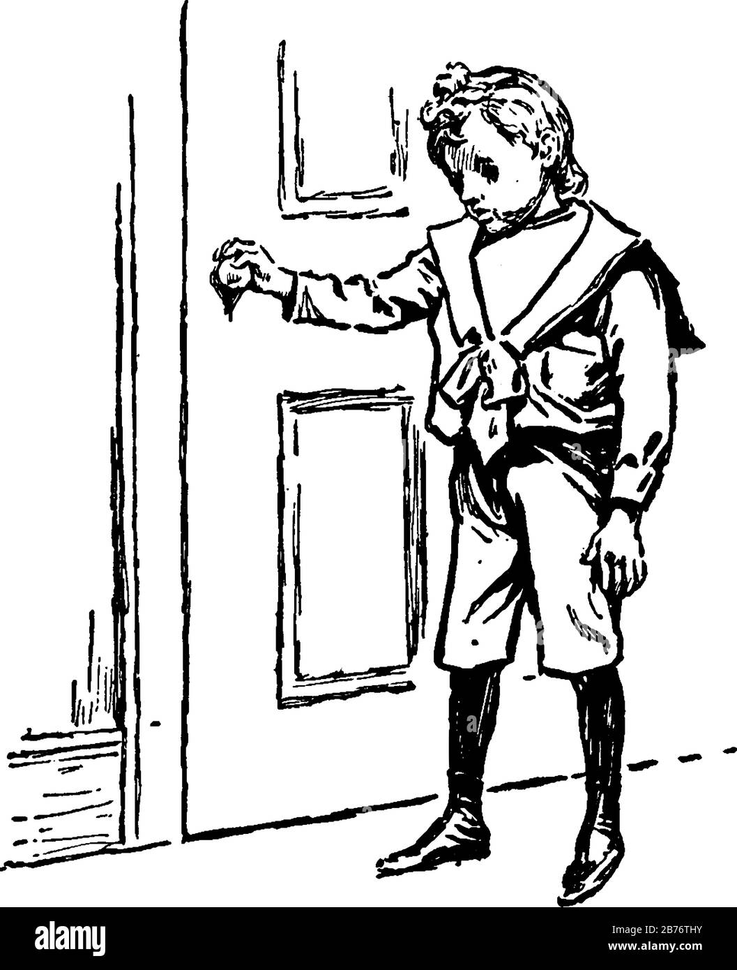 The picture depicts a small boy who is depressed and trying to enter the home by turning the doorknob, vintage line drawing or engraving illustration. Stock Vector