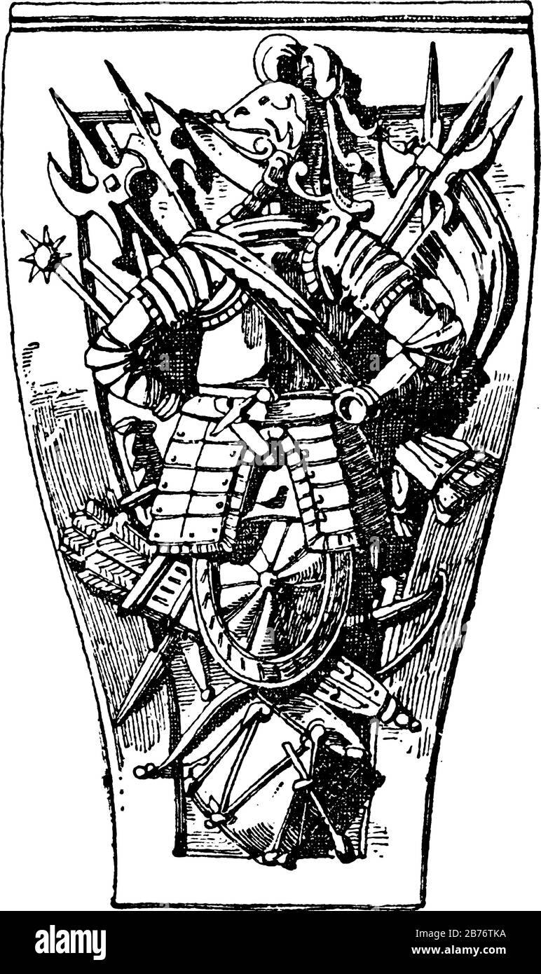 The pedestal of a monument to a Margrave in Pforzheim, Germany. It is engraved with decorative designs like bows and arrows, and the back side of a ma Stock Vector