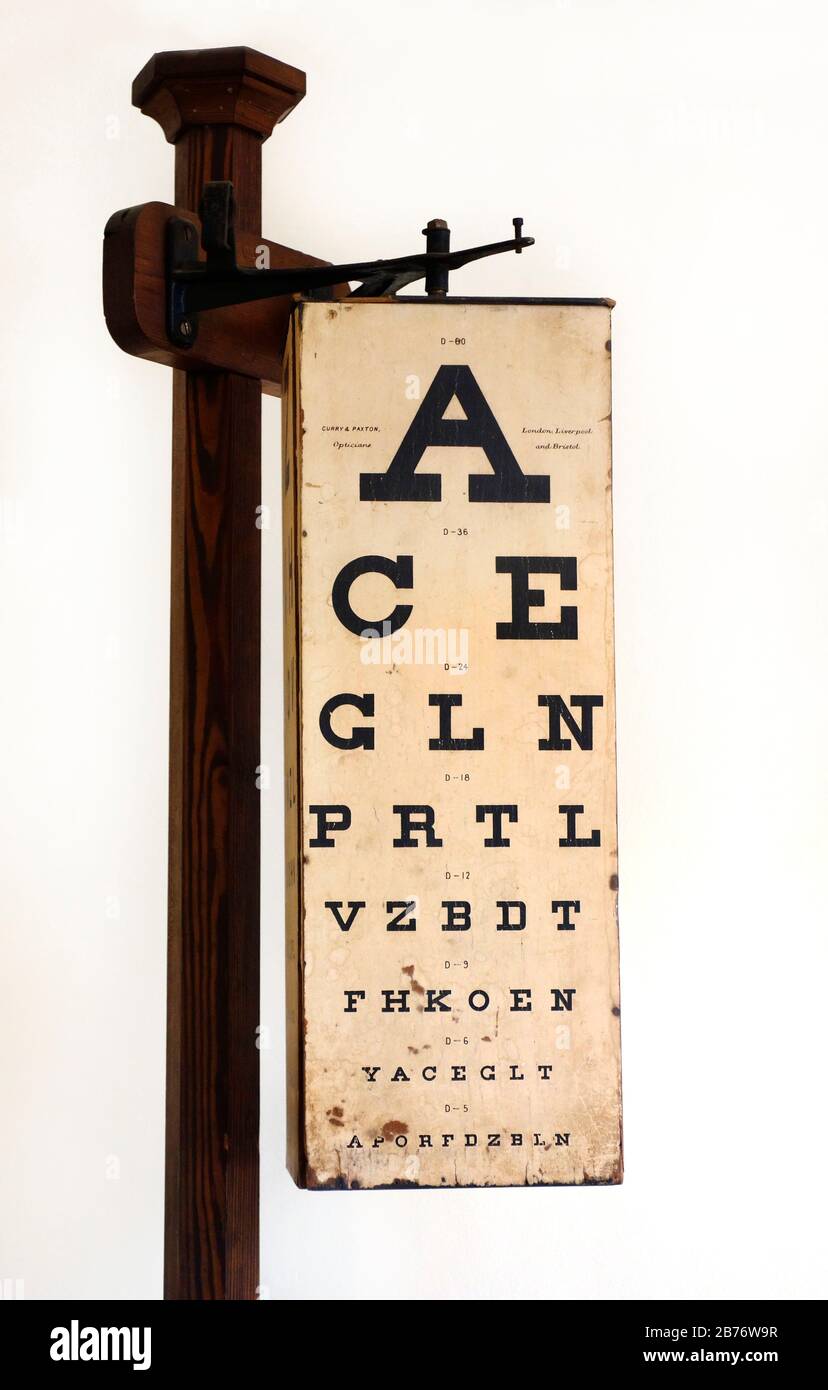 Eye test chart, 1900s. An eye test chart is used to test a person's visual acuity. Stock Photo
