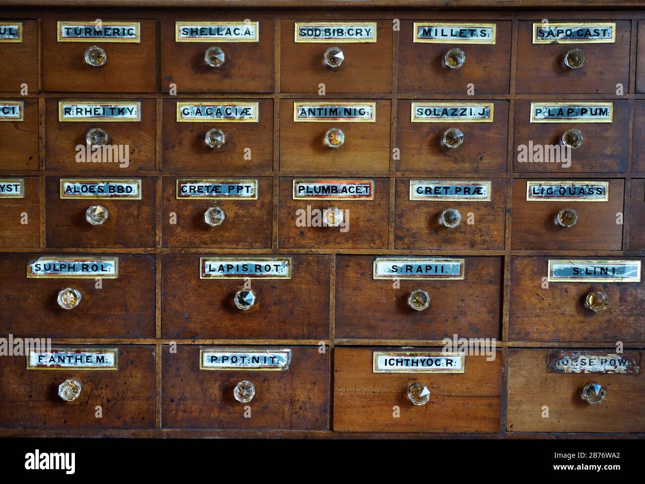 Victorian hospital dispensary. Drawers containing various drugs and other substances used in the treatment of diseases and disorders in the 19th and early 20th centuries. Stock Photo