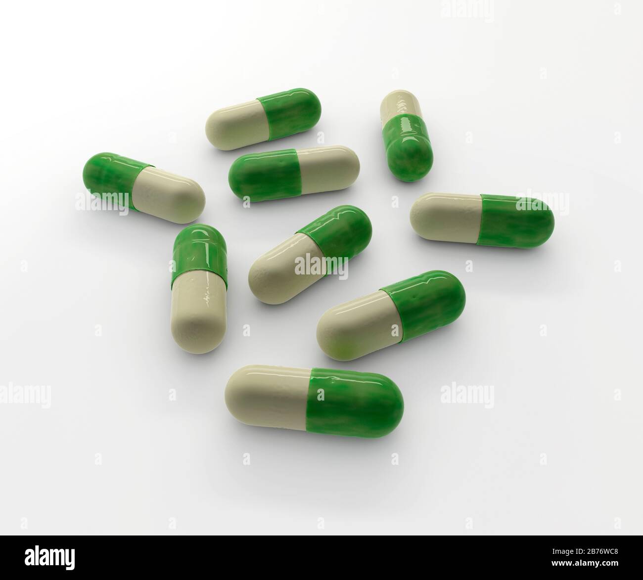 Computer generated image of capsules modelled on sample of fluoxetine. Stock Photo