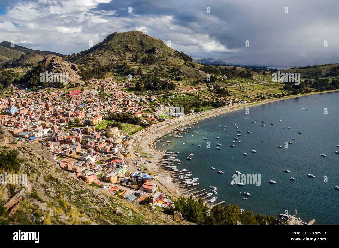 View of Copacabana town from above Calvary Hill on Copacabana, Bolivia Stock Photo