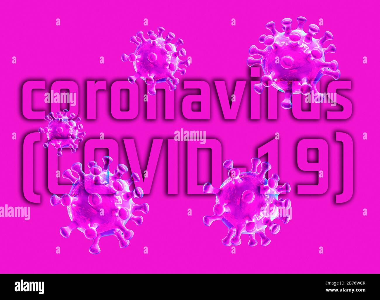 Covid-19 coronavirus, conceptual illustration. SARS-CoV-2 (previously 2019-nCoV) was first identified in Wuhan, China, in December 2019. It is an enveloped RNA (ribonucleic acid) virus. The coronaviruses take their name from their crown (corona) of surface proteins, which are used to attach and penetrate their host cells. Covid-19 is a respiratory infection that can lead to fatal pneumonia. As of the 10th March 2020, over 113,000 have been infected worldwide with over 4,000 deaths. Travel restrictions and quarantines have been put in place to slow the spread of the virus. Stock Photo