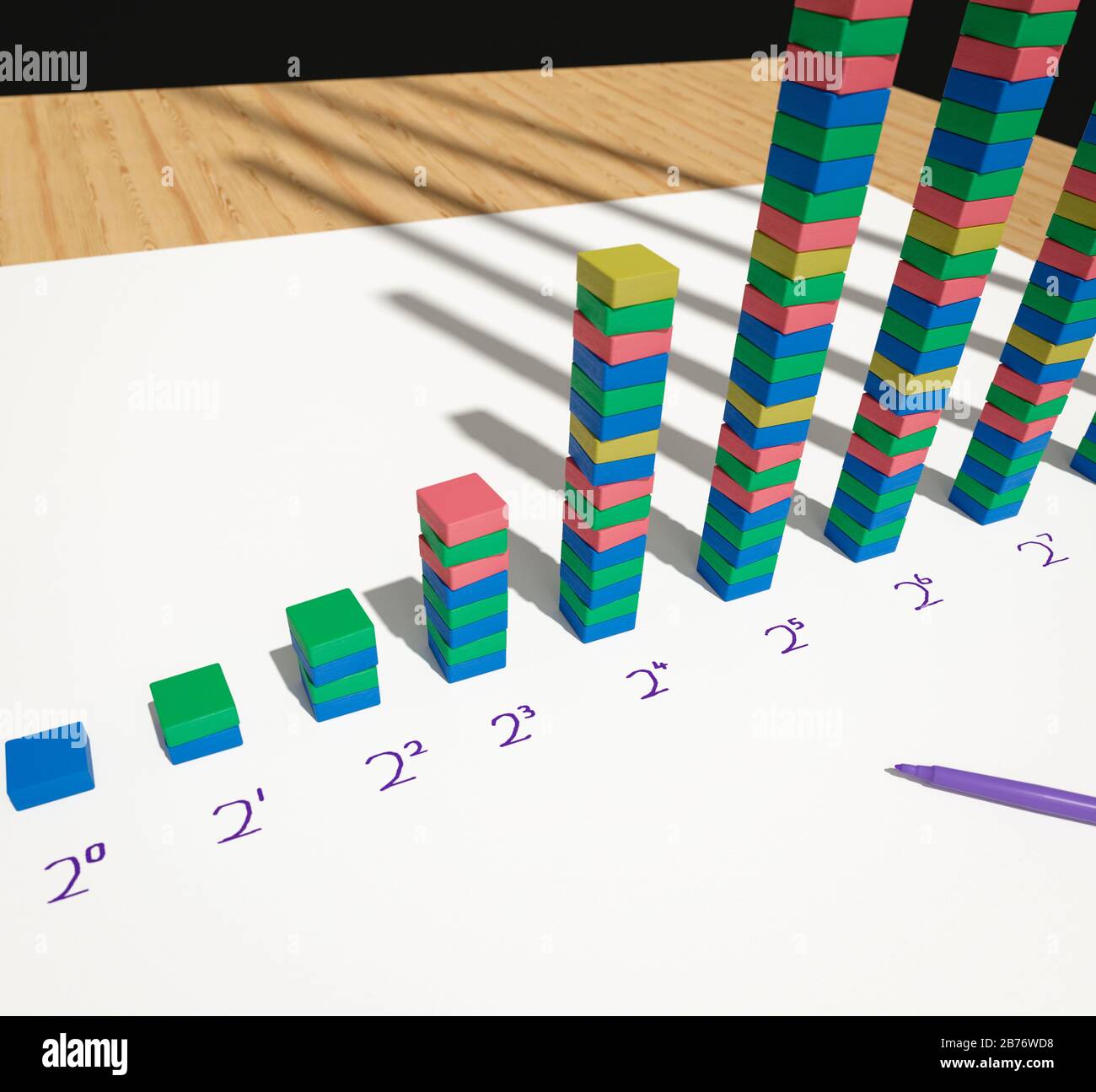 Increasing powers of two starting from zero, illustrated with columns of wooden blocks. Stock Photo