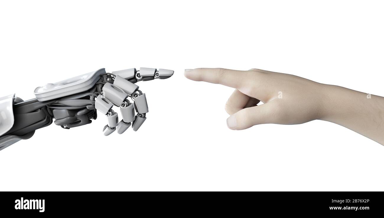 Man and robot touching, computer illustration. Stock Photo