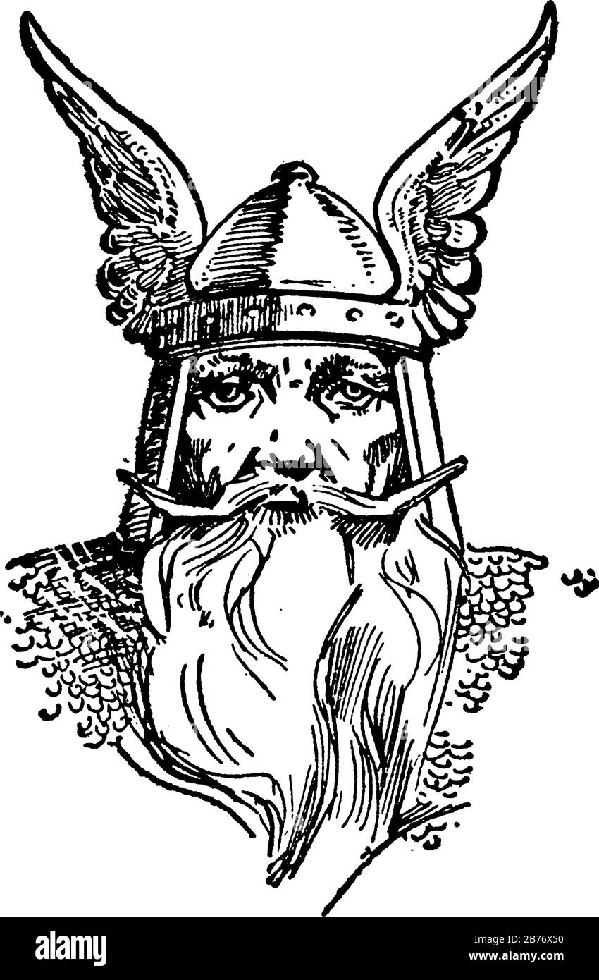 The face of an early Norseman, it shows three different size of images in it, showing faces in it, vintage line drawing or engraving Stock Vector