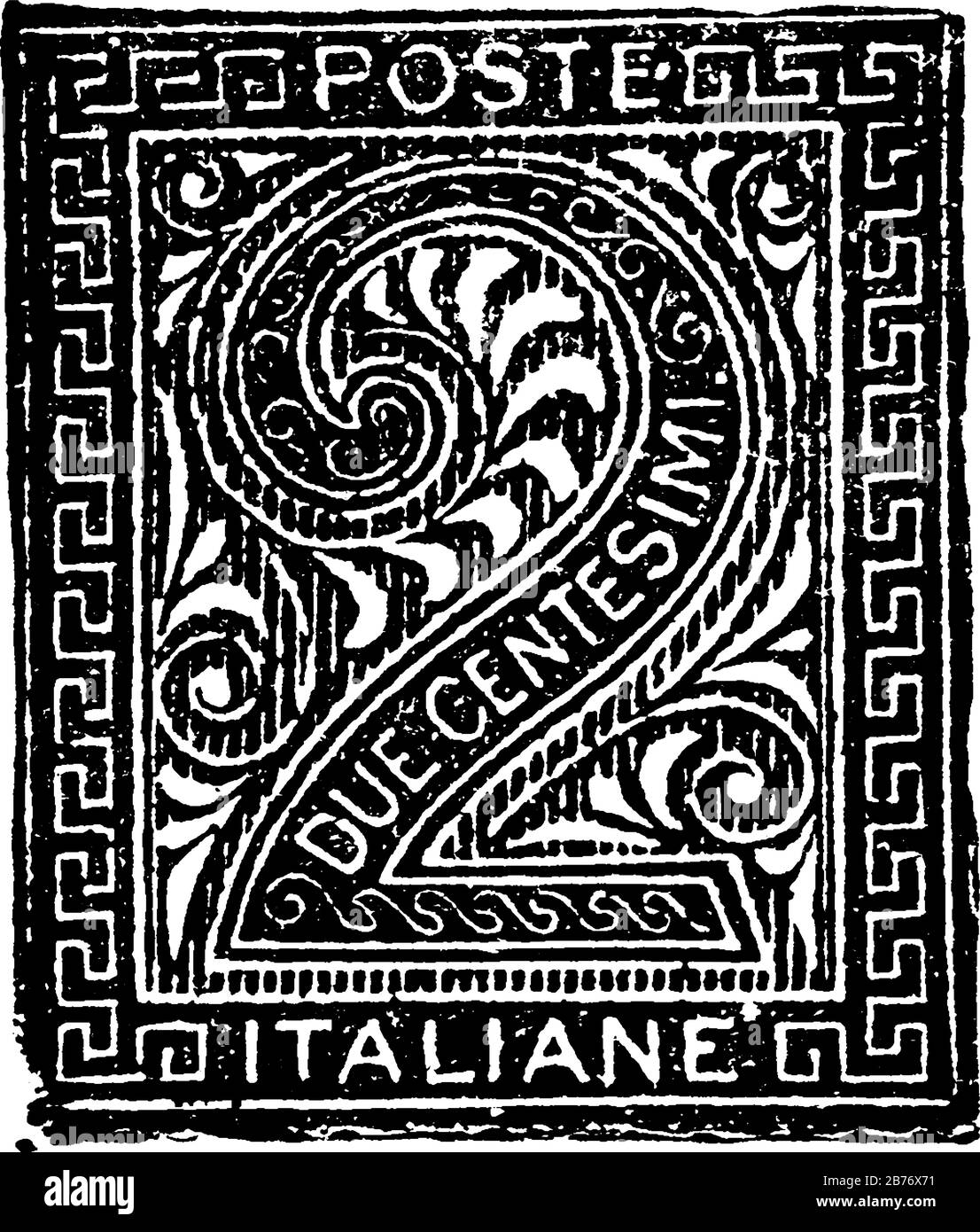 Italy Newspaper Stamp (2 centesimi) from 1863-1865, a small adhesive piece of paper was stuck to something to show an amount of money paid, vintage li Stock Vector