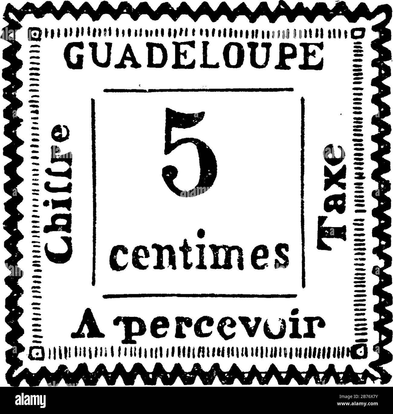 Guadeloupe Stamp (5 centimes) from 1884, a small adhesive piece of paper stuck to something to show an amount of money paid, mainly a postage stamp, v Stock Vector