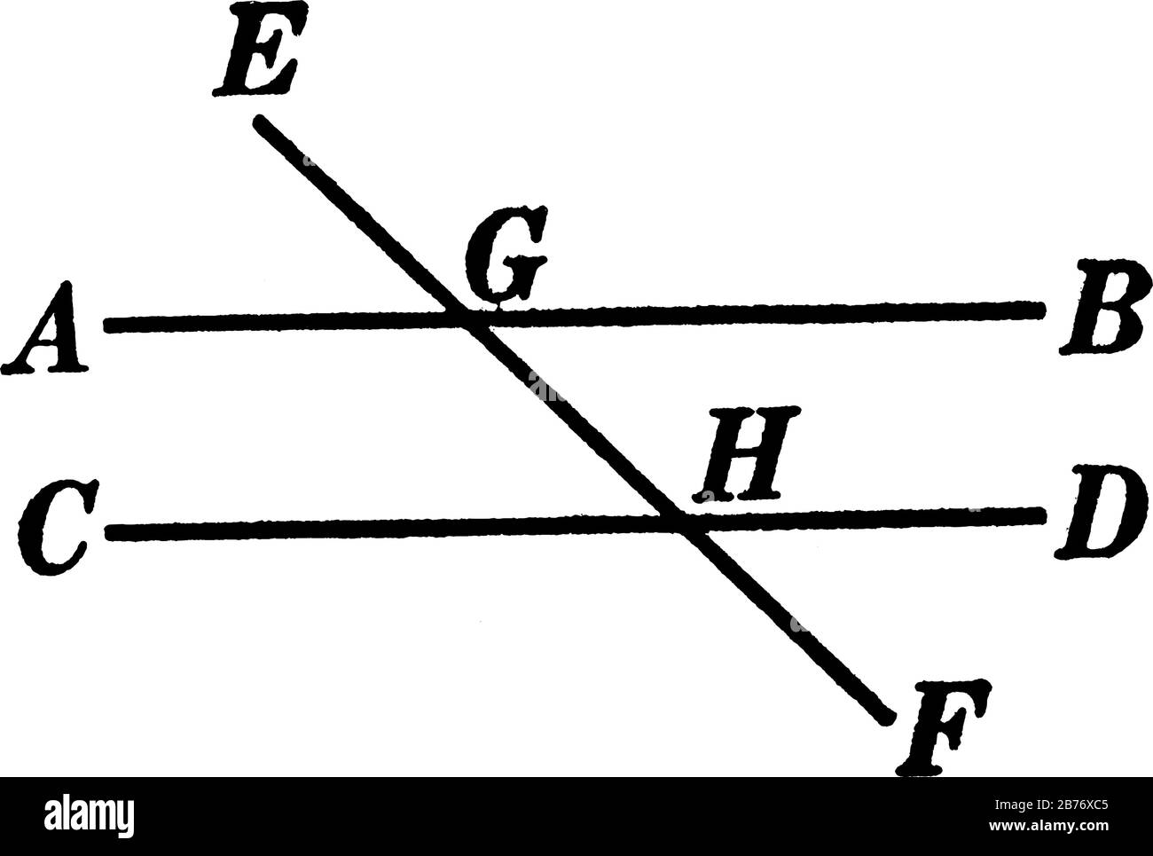 A typical representation of the geometric construction with two straight lines, AB and CD, cut by a transversal EF, vintage line drawing or engraving Stock Vector