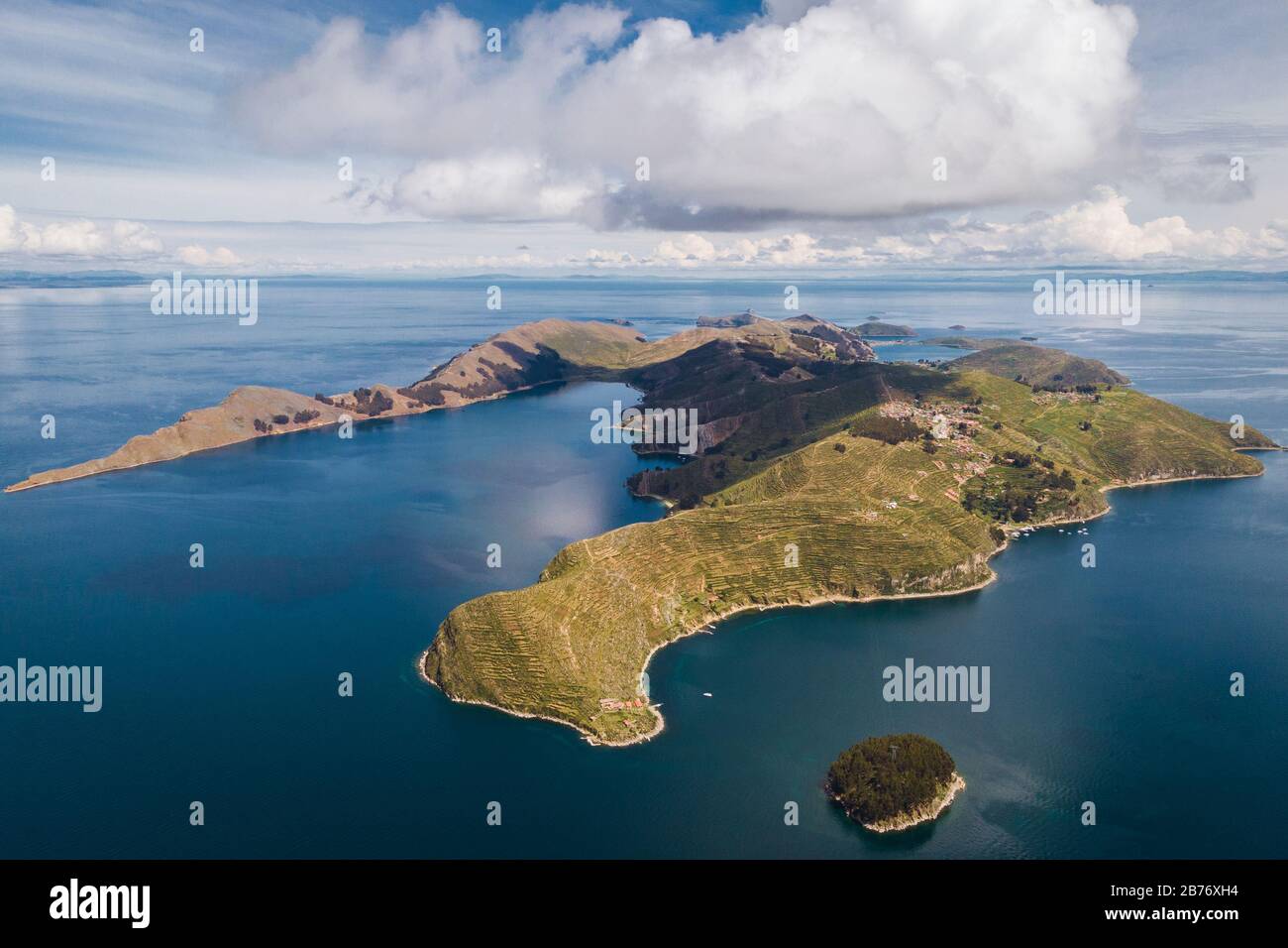 Aerial view of Sun Island (Spanish: Isla del Sol ) on Titicaca Lake in Bolivia, South America. Stock Photo