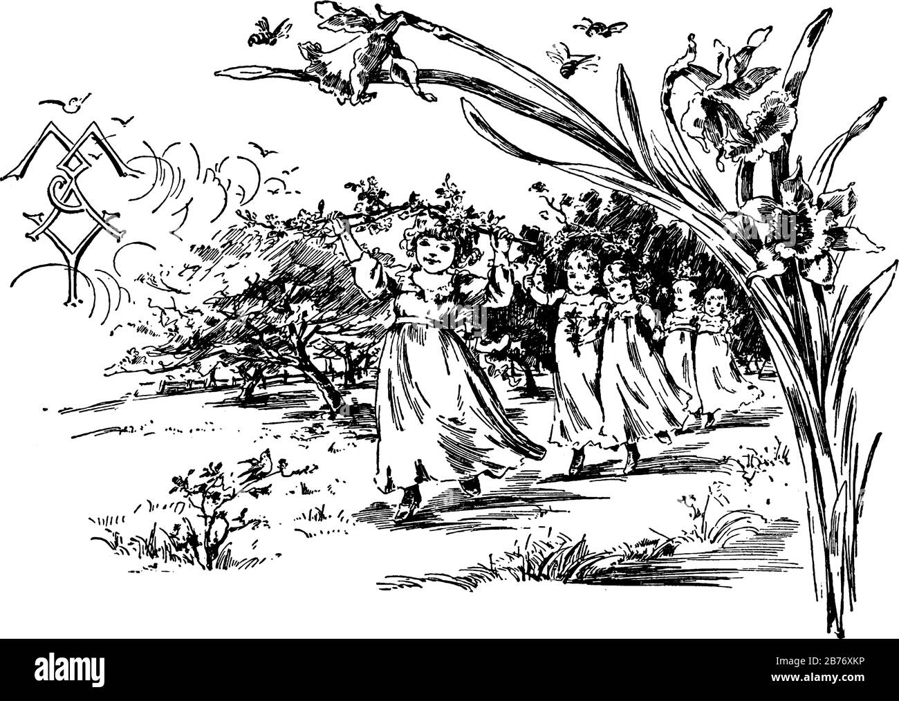 The Picture Depicts Little Girls Playing In A Garden Enjoying Their the-picture-depicts-little-girls-playing-in-a-garden-enjoying-their