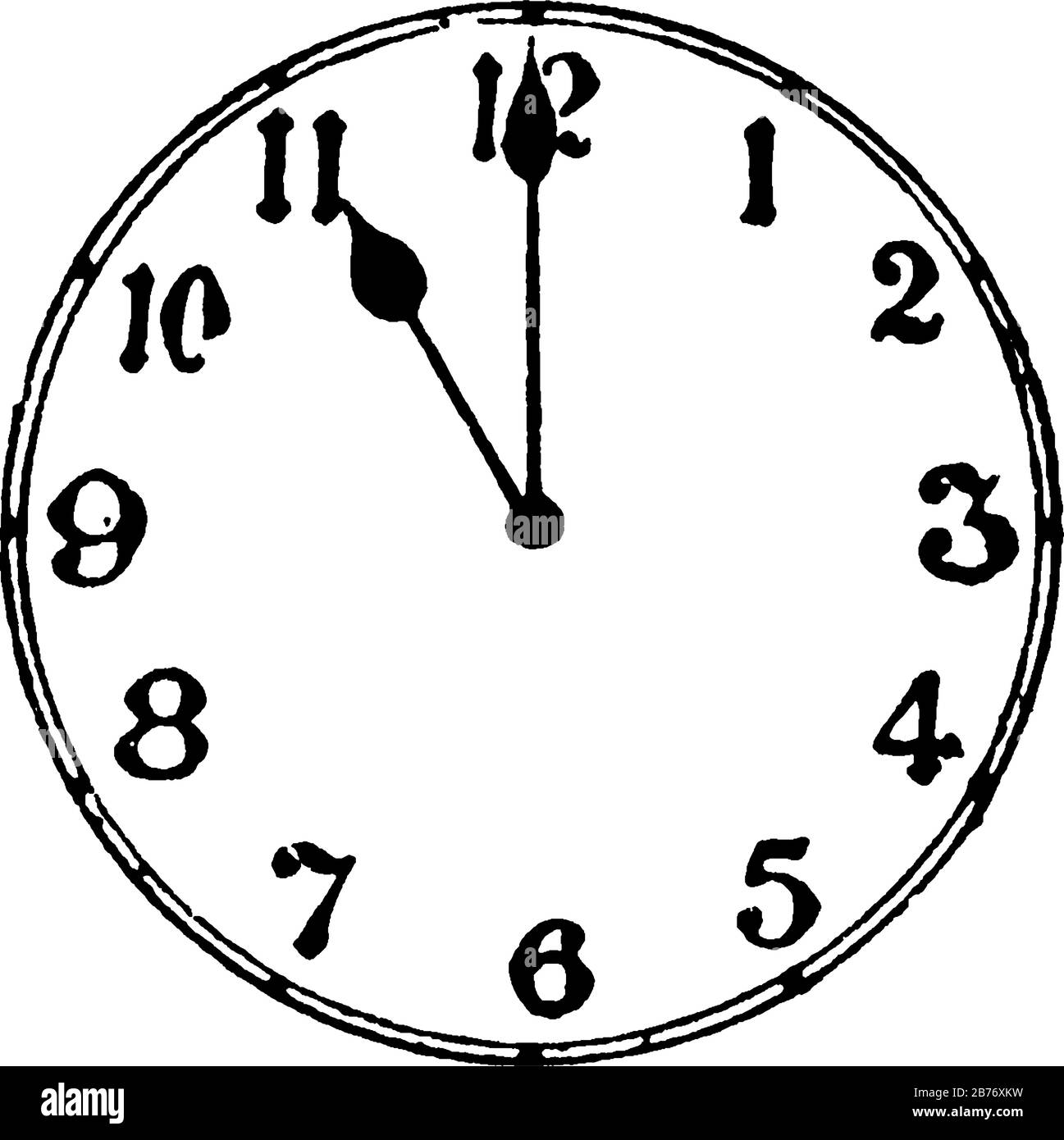 A typical representation of a round-shaped wall clock that displays it is 11 o'clock, vintage line drawing or engraving illustration. Stock Vector