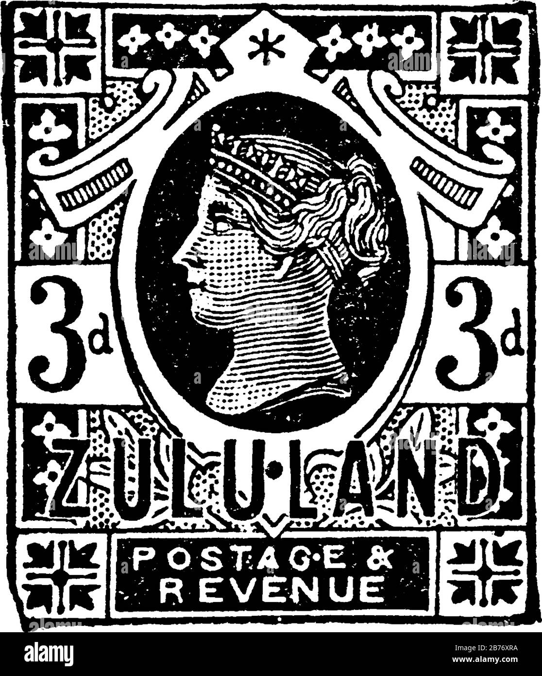 Zululand Stamp (3 d) from 1888, a small adhesive piece of paper stuck to something to show an amount of money paid, mainly a postage stamp, vintage li Stock Vector