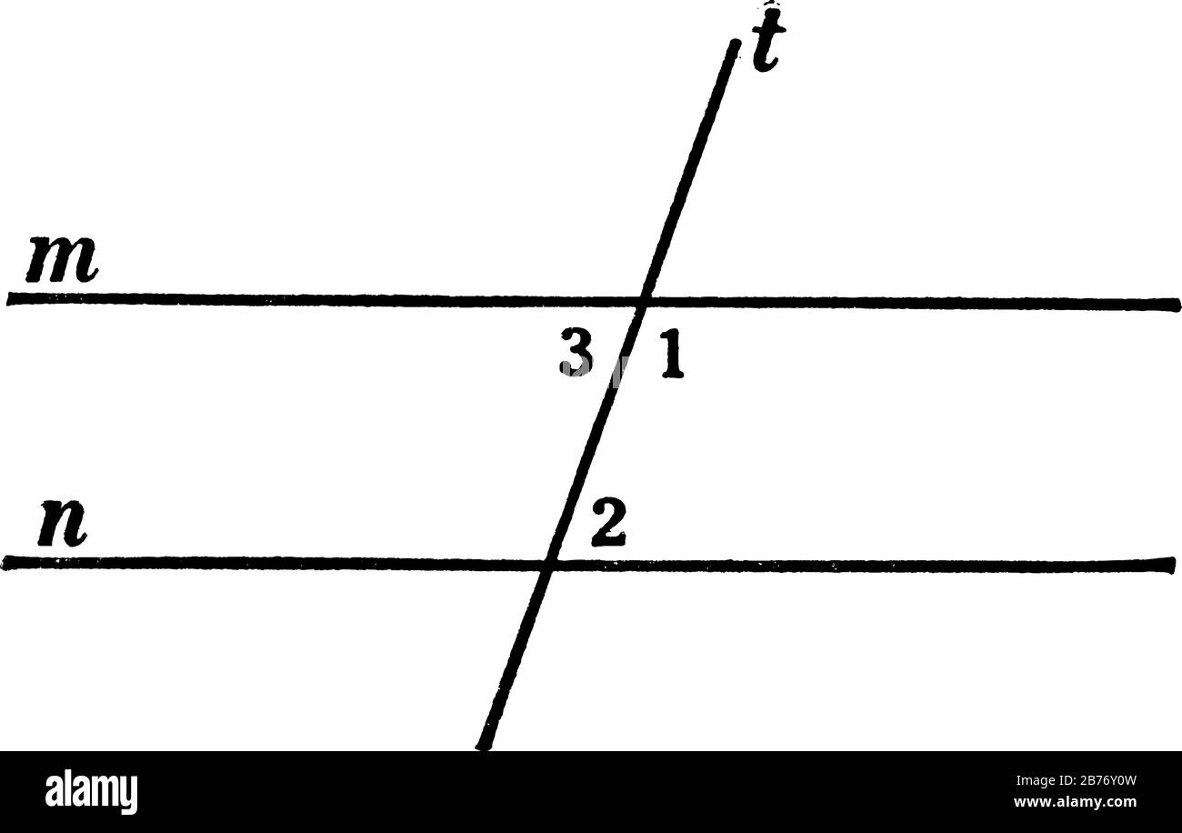 A typical representation of the geometric construction with two straight lines, m and n, cut by a transversal t, vintage line drawing or engraving ill Stock Vector