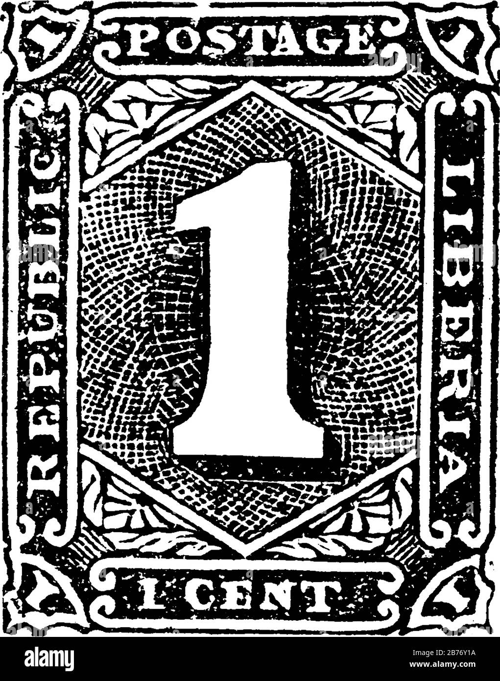 Liberia Stamp (1 cent) from 1885, a small adhesive piece of paper stuck to something to show an amount of money paid, mainly a postage stamp, vintage Stock Vector
