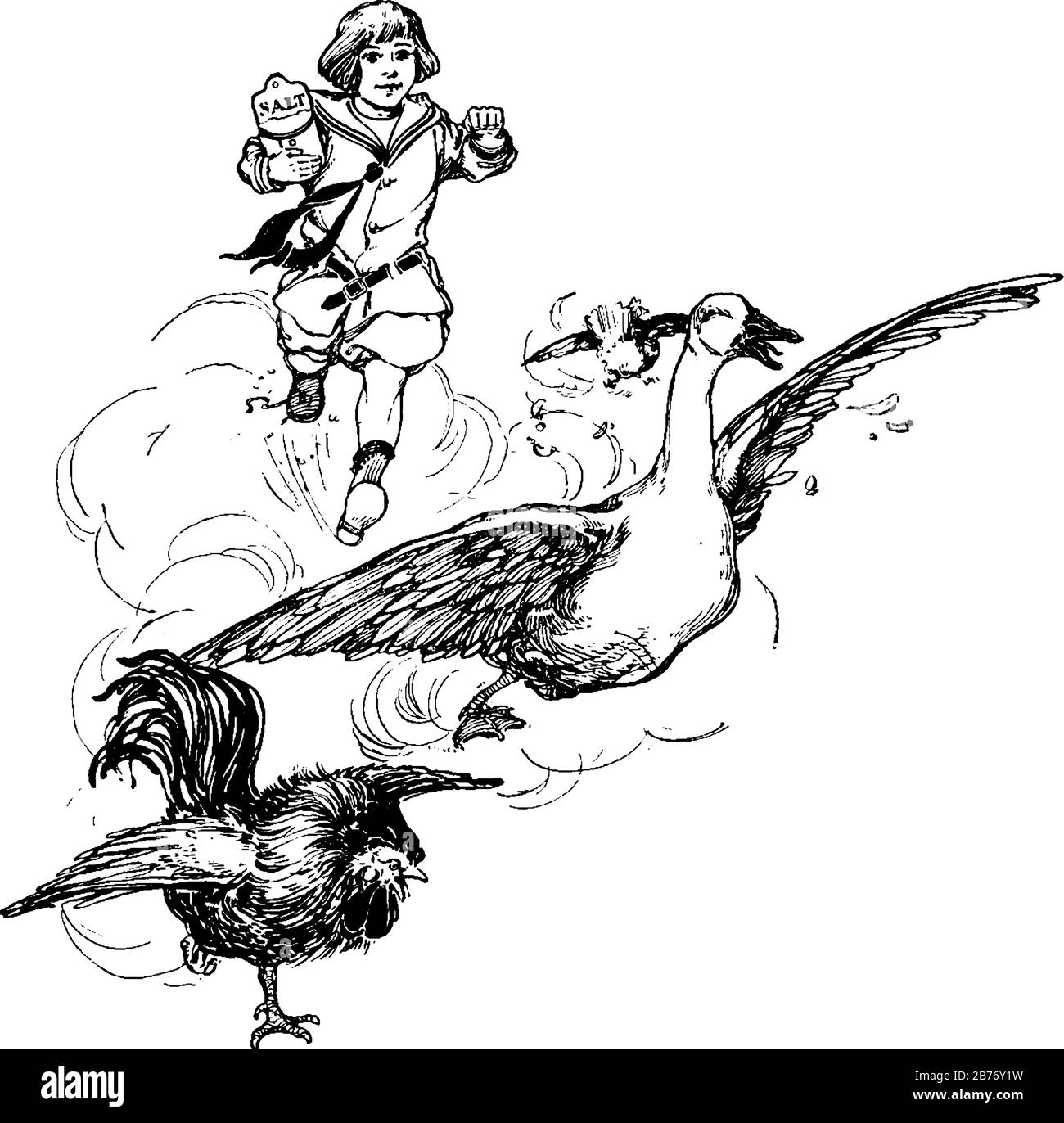 The picture depicts a small boy chasing a duck in chickens, as he holds the salt in one of his hands, vintage line drawing or engraving illustration. Stock Vector