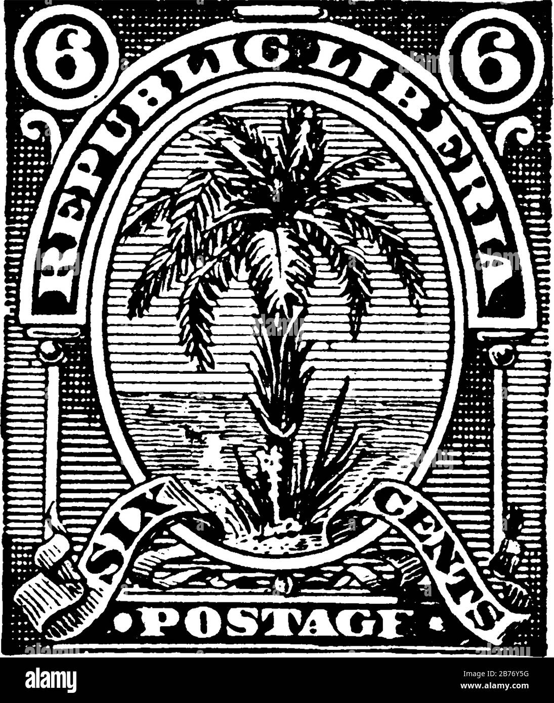 Liberia Stamp (6 cents) from 1892, a small adhesive piece of paper stuck to something to show an amount of money paid, mainly a postage stamp, vintage Stock Vector