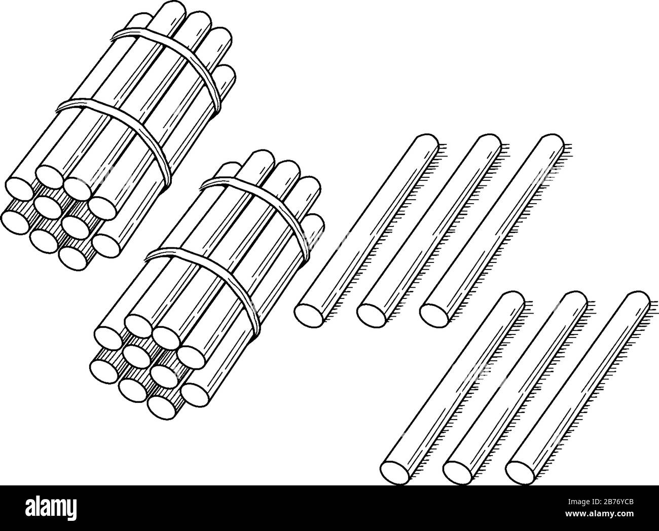 A typical representation of a bundle of 26 sticks bundled in tens that can be used when teaching counting, grouping, and place value, vintage line dra Stock Vector