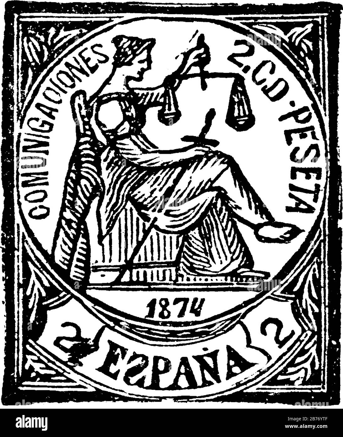 Spain Stamp (2 c de peseta) from 1874, a small adhesive piece of paper stuck to something to show an amount of money paid, mainly a postage stamp, vin Stock Vector