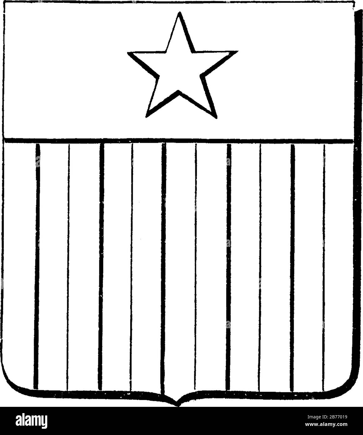 Coat of Arms, Liberia, with a star at the center in the upper horizontal bar that immediately runs into 10 vertical stripes of alternate thickness, vi Stock Vector